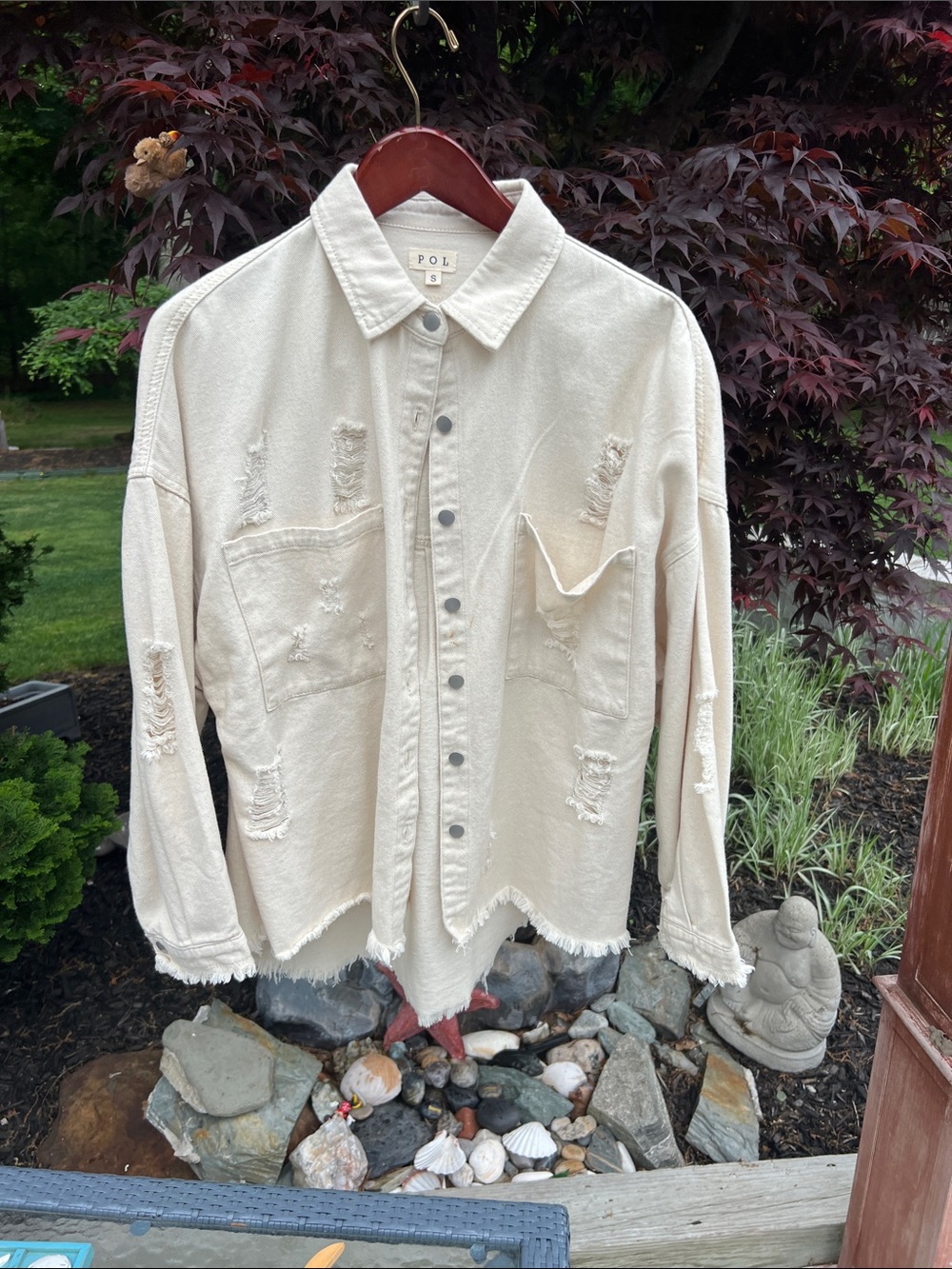 POL Cream Distressed Button-Up Shacket